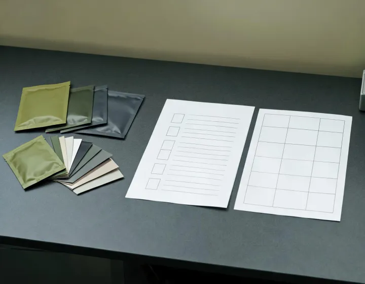 Procurement desk comparing pain relief patch packaging and specification sheets